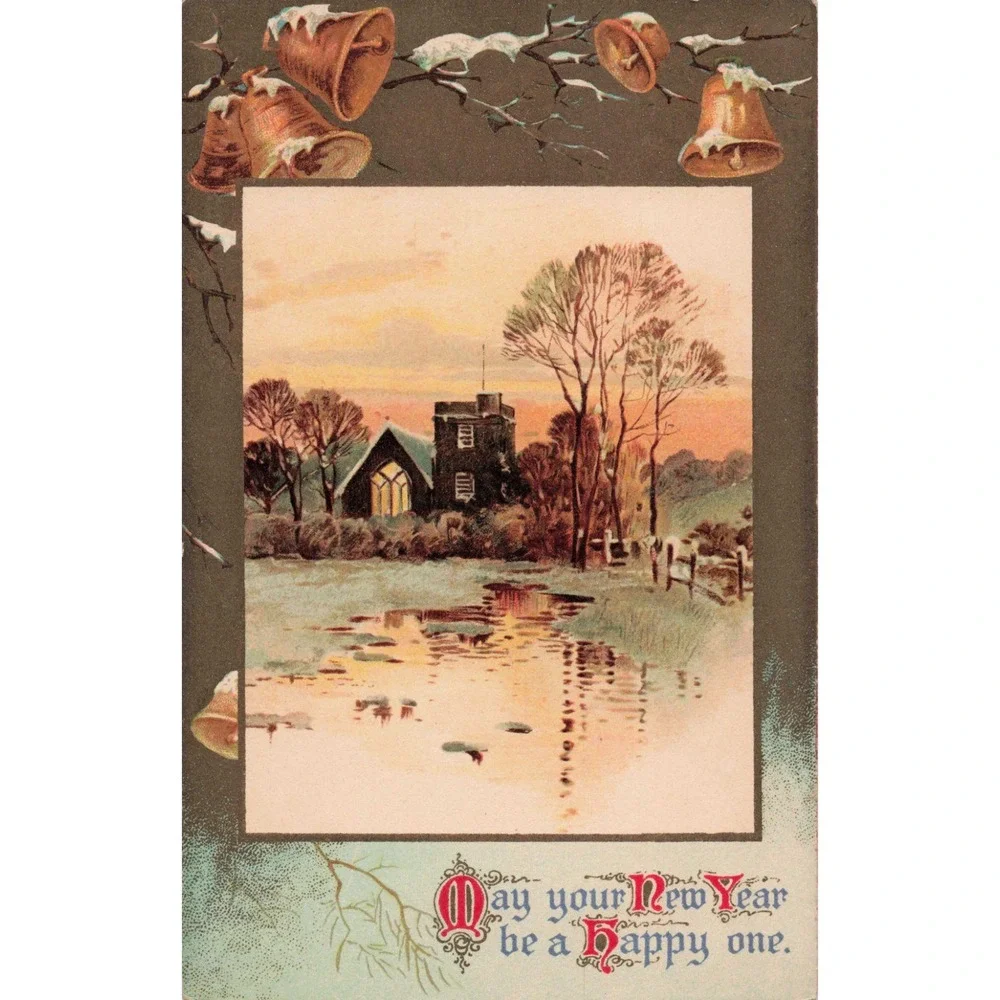 Antique New Year Postcard Church Sunset Winter Bells Nister Dutton Bavaria 612